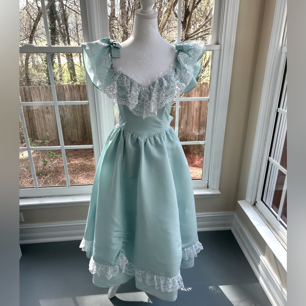 Vintage 80s Gunne Sax by Jessica McClintock Prom Dress -Pale Teal Blue- Sz 9